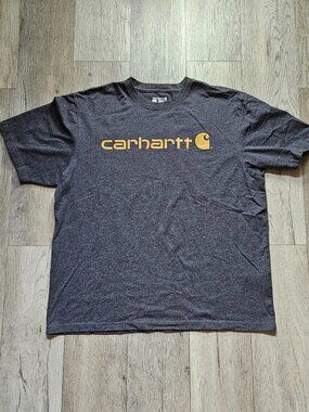 Carhartt Workwear Graphic T Shirt Mens XL Charcoal Grey Yellow Logo Pit to Pit